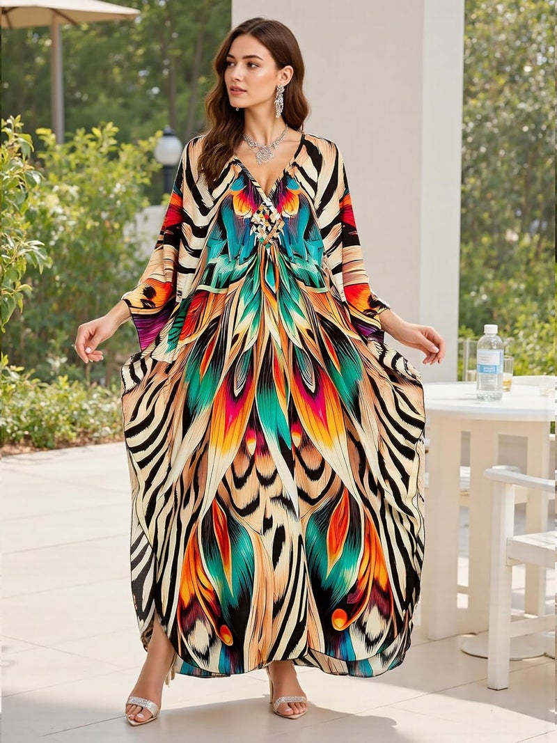IMAGEKOPE Women's Plus Size Animal Print V-Neck Batwing Kaftan Beach Dress Bathing Suit Cover-Up Loungewear - Image 3
